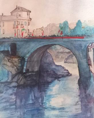 Acquerello. Carnevale di Ivrea sul ponte vecchio