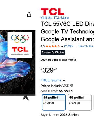 TCL 55V6C 55" 4K Google TV – 10 mesi, come nuova