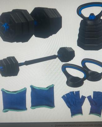 Manubri regolabili con bilanciere e kettlebell