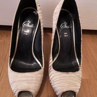 Decollete open toe n.36 tacco 10 tessuto dorato