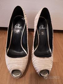 Decollete open toe n.36 tacco 10 tessuto dorato