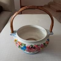 Cestino vintage in ceramica manico in legno 