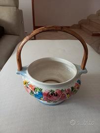 Cestino vintage in ceramica manico in legno 