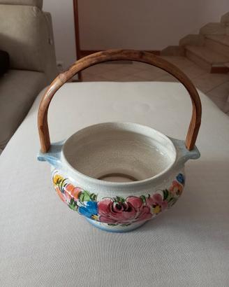 Cestino vintage in ceramica manico in legno 