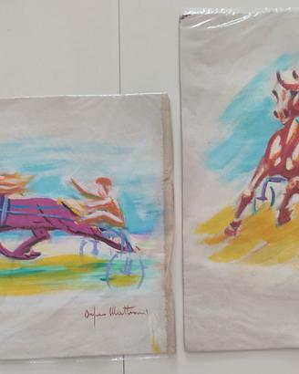 Coppia dipinti originali su tela cavalli al trotto