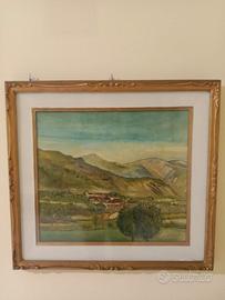 QUADRO OLIO SU TELA "PAESAGGIO TRA LE MONTAGNE"