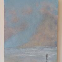 Pittura olio 25x20 cm. paesaggio marino con figura