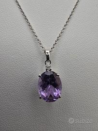 Ciondolo in Oro Bianco 18 Kt, Ametista e Diamante