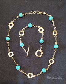 Collana e 2 bracciali acciaio e turchese