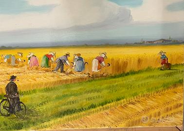 Mietitura del grano e volo di uccelli nella palude