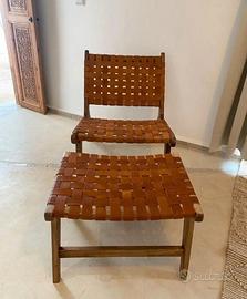 Sedia a sdraio in legno di noce con seduta in pell