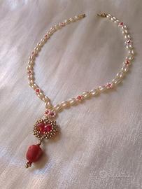 Collana con ciondolo Cuore Corallo bambù pendente