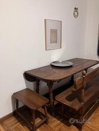 Tavolo antico legno massello ali a ribalta+panche