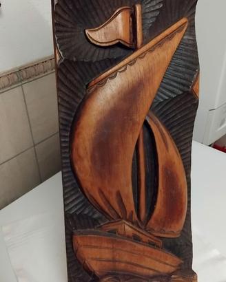 VECCHIA SCULTURA QUADRO LEGNO INTAGLIATO VELIERO