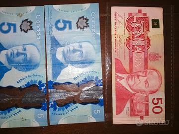 1 banconota Canada 50 dollari 1988 e 2 da 5 dollar
