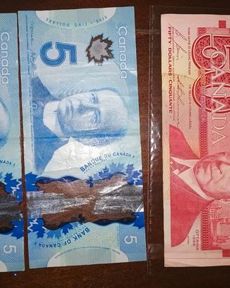 1 banconota Canada 50 dollari 1988 e 2 da 5 dollar