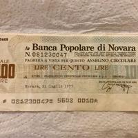 Miniassegno 100 Lire Banca Popolare di Novara
