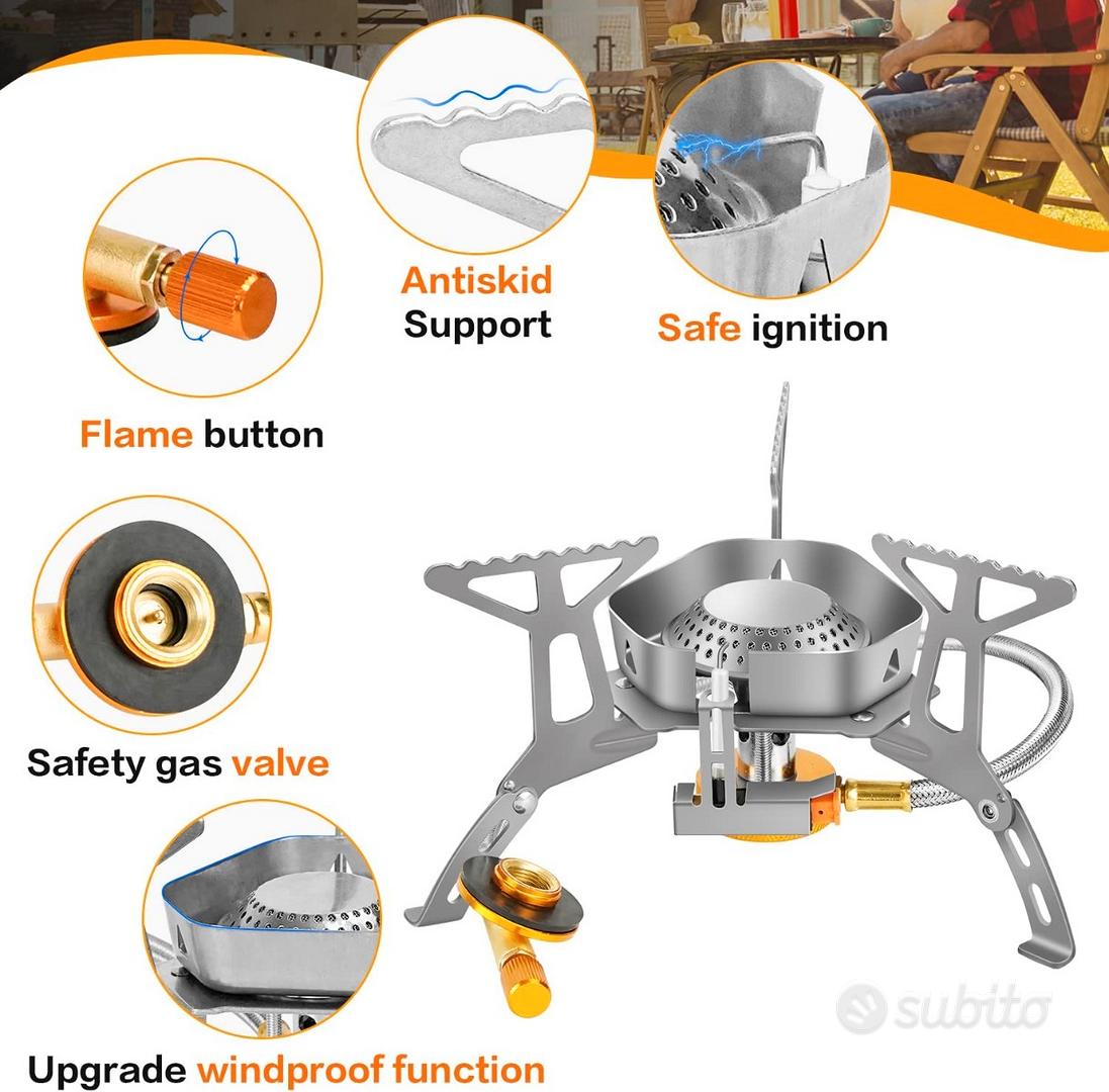 Exporee Fornello Campeggio, Fornello a Gas con Accensione Piezoelettrica  con Adattatore Fornello da Campeggio Pieghevole per Esterno Campeggio