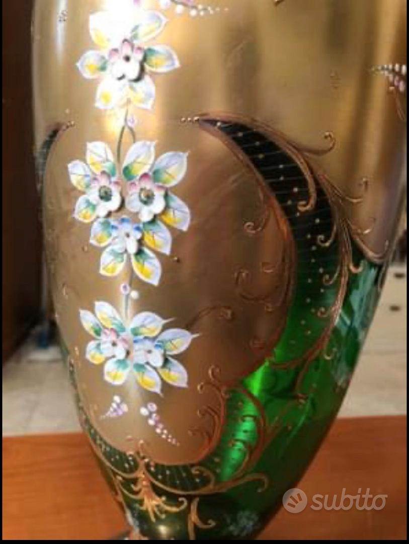 Vaso Vetro Di Murano Verde Con Decoro Tre Fuochi