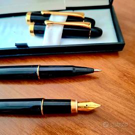 Set Penne Stilografica + Biro Nere rifinit. dorate