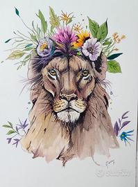 Quadro The King Lion -Acquerello su carta 