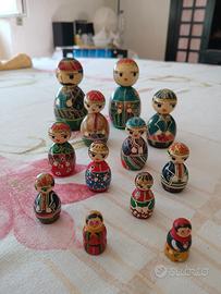 Set 12 Bamboline in Legno Vintage dipinte a mano