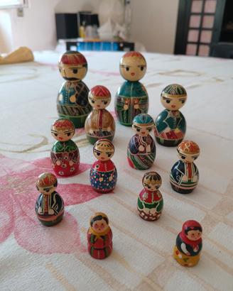 Set 12 Bamboline in Legno Vintage dipinte a mano