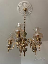 Lampadario Vintage in vetro inciso e marmo