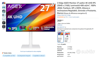Monitor Z-Edge AGEX 27” 4K IPS regolabile bianco