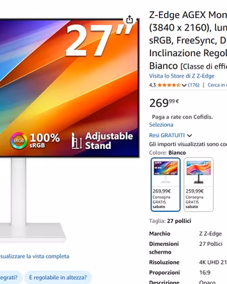 Monitor Z-Edge AGEX 27” 4K IPS regolabile bianco
