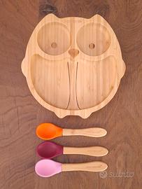 Set pappa Eco Rascals piatto bambù gufo 3 cucchiai