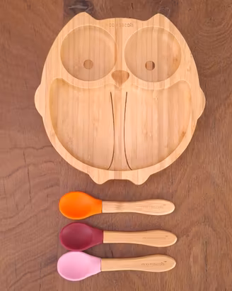 Set pappa Eco Rascals piatto bambù gufo 3 cucchiai