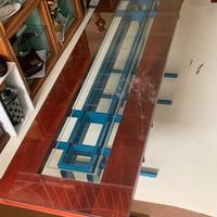 Tavolo lungo in legno, ferro e vetro