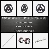 DISCHI GOMMATI 140KG+BILANCIERE 2m+MANUBRI 28mm