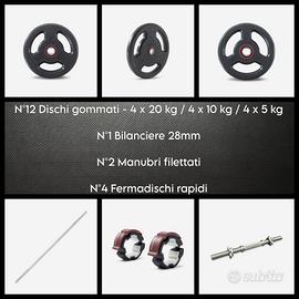 DISCHI GOMMATI 140KG+BILANCIERE 2m+MANUBRI 28mm