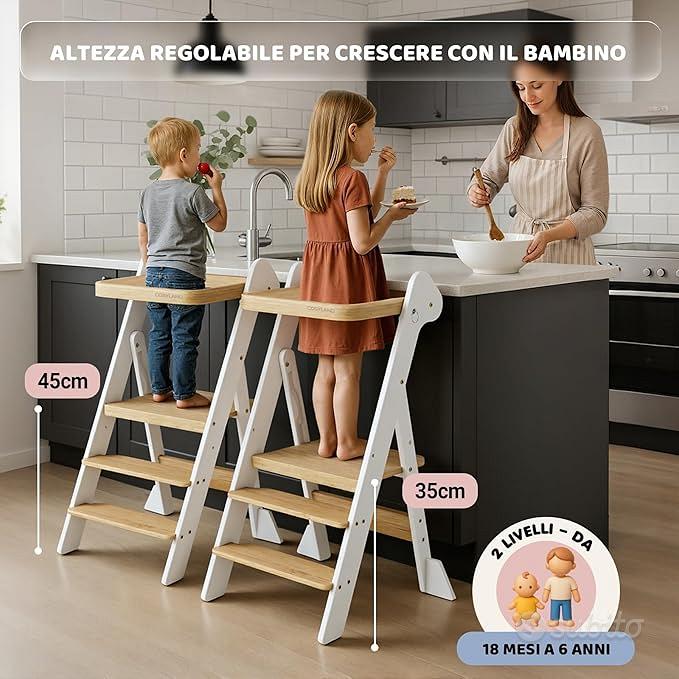 Torre Montessori Cosyland - Regolabile In 3 Altezze, Legno Naturale, Per Bambini 18 Mesi-6 Anni