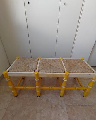 Panca Sgabello 3 Posti in Legno e Paglia Intreccia