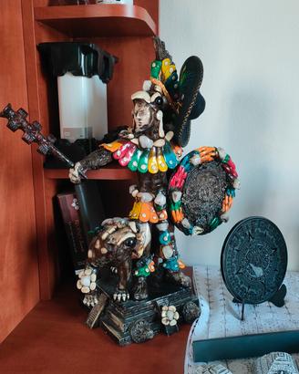 Grande Statua Guerriero Azteco 45cm con Giaguaro