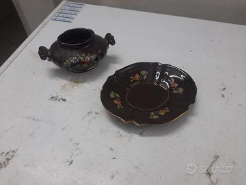 Zuccheriera e piattino vintage in ceramica marrone