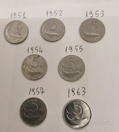  7 monete da 5 Lire