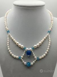 Collana Vintage Perle Gemme Agata Blu Elegante