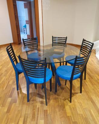 TAVOLO CON PIANO IN CRISTALLO E 6 SEDIE