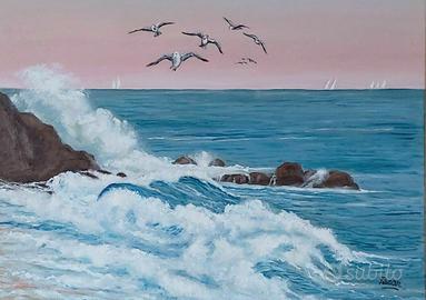 Quadro ad Olio su Tela "Mareggiata Ligure" 70 x 50