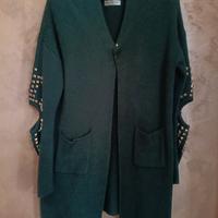 Cardigan lungo donna verde scuro con strass.