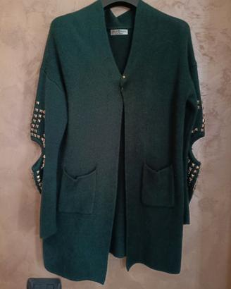 Cardigan lungo donna verde scuro con strass.