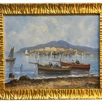 Dipinto olio su compensato Marina con pescatori