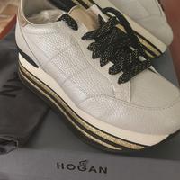 Hogan Sneakers Maxi H222 pelle bianco e oro