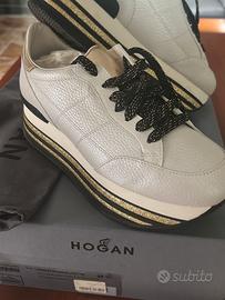 Hogan Sneakers Maxi H222 pelle bianco e oro