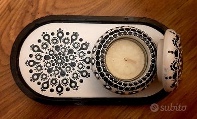 Vasetto portacandele con vassoio dipinti a mano 