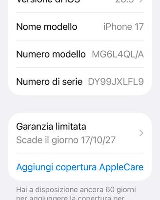 Iphone 17 256gb Blu 17/10/26 NUOVO scontrino KASK